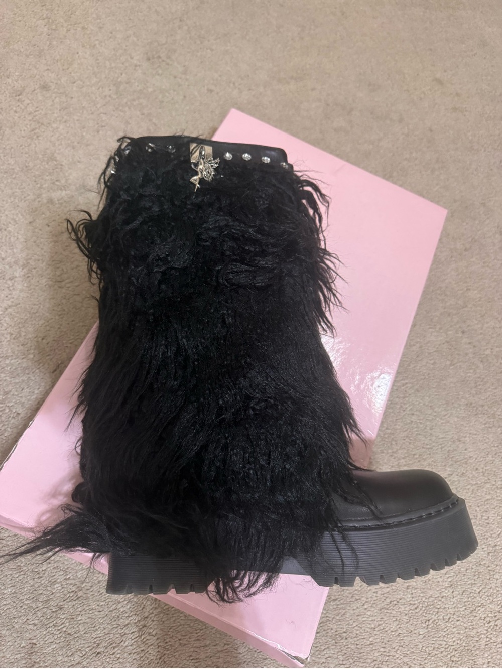 ICONIQUE SHEARLING PLATFORM COMBAT BOOTS - BLACK 12 women